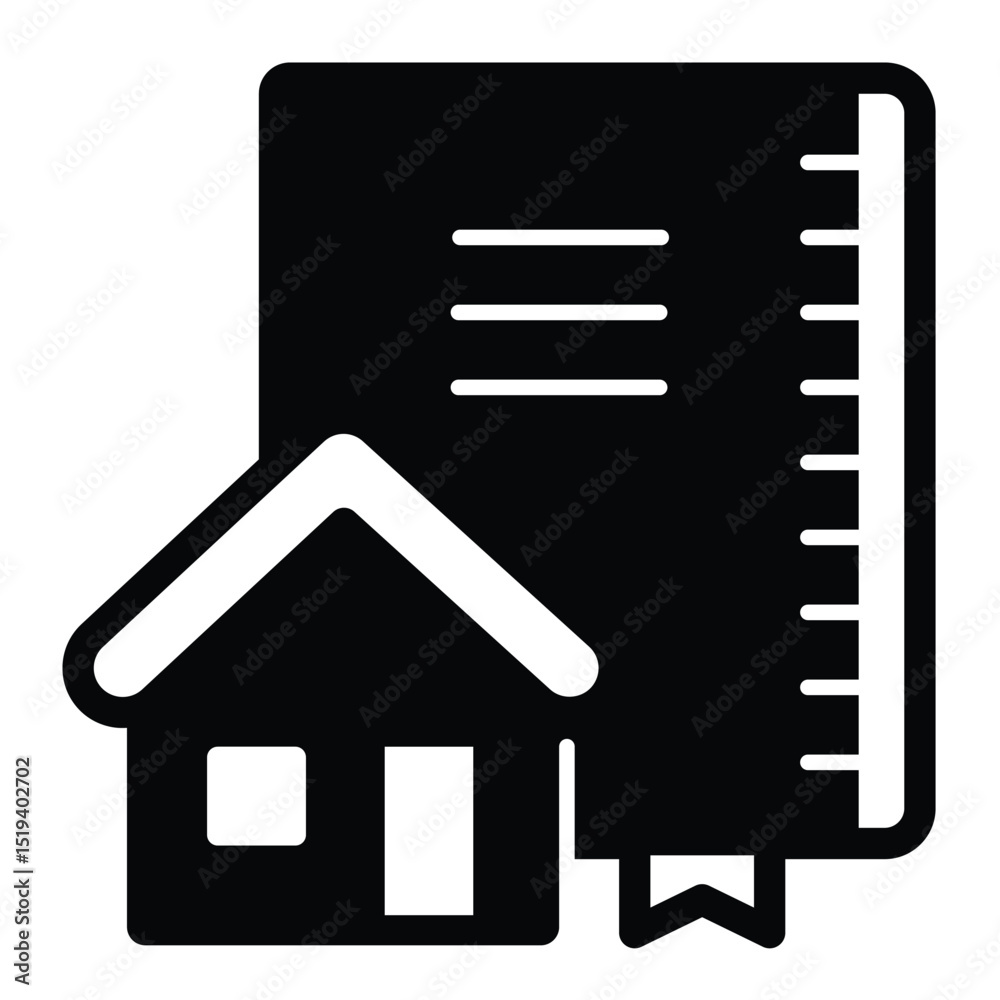 Poster architect notebook and house solid icon, architect studio concept. vector graphics. notepad with cot