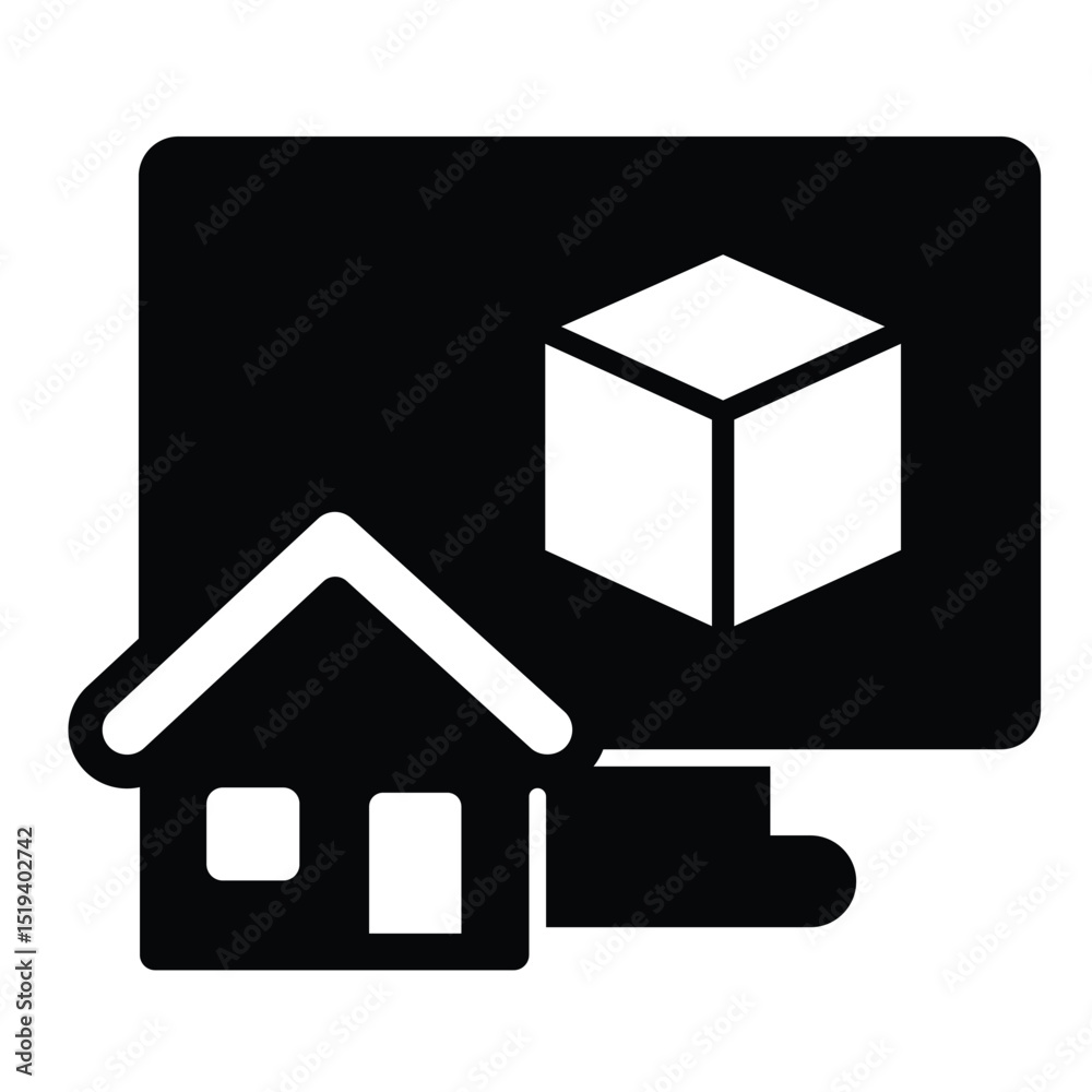 Poster monitor with 3d square and house solid icon, architect studio concept. vector graphics. display with