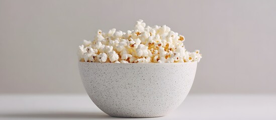 A speckled bowl filled to the brim with freshly popped white popcorn on a white surface and gray background