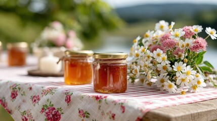 Fresh jars of honey and a bouquet of flowers on a rustic table by a peaceful lake.