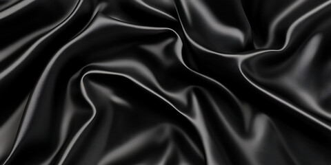Fototapeta premium Black silk satin fabric background with waves and folds, an abstract luxury texture for design. Black color. 3D rendering. Black silk satin cloth background with waves and folds.