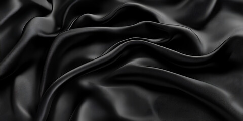 Obraz premium Black silk satin fabric background with waves and folds, an abstract luxury texture for design. Black color. 3D rendering. Black silk satin cloth background with waves and folds.