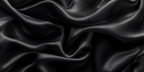 Fototapeta premium Black silk satin fabric background with waves and folds, an abstract luxury texture for design. Black color. 3D rendering. Black silk satin cloth background with waves and folds.