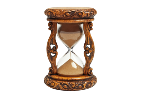 Hourglass Sand Timer Time Passing Antique Vintage Wood Carved Glass Elegant Deadline Reminder on transparent background