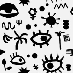 Mystical seamless vector pattern,, Wallpaper backdrop with organic abstract shape, stars, palms, eyes, sun. Hand drawn grunge texture