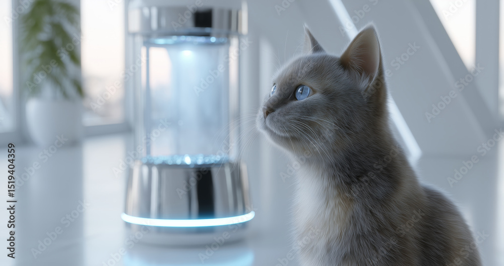 Poster a curious cat looks towards a sleek hydration device in a bright bathroom. sunlight filters through 