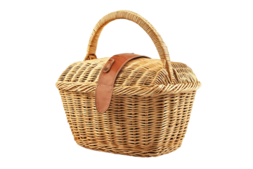 Wicker picnic basket with a handle for carrying isolated on white background