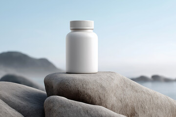 White bottle mockup resting on smooth rocks by serene coastline at dawn with misty mountains in the background