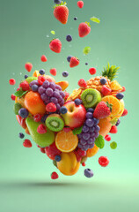 Colorful fruits like strawberries, blueberries, kiwis, oranges, pineapples, grapes, apples, and mangoes float mid-air, forming a heart. Fresh, vibrant perfect for health branding.