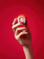 Hand holding sushi against a vibrant red background, studio shot with beautiful lighting and balanced composition, perfect for a striking poster or food advertisement.
