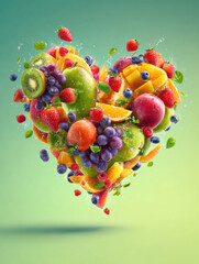 Colorful fruits like strawberries, blueberries, kiwis, oranges, pineapples, grapes, apples, and mangoes float mid-air, forming a heart. Fresh, vibrant perfect for health branding.