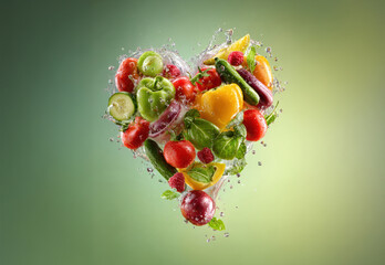 Fresh fruits and vegetables float mid-air, forming a heart shape. Bright, fresh, and vibrant against a green background. Ideal for wellness or organic brand advertising.