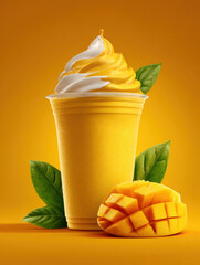 Mango milkshake in clear takeaway cup topped with whipped cream, mango chunks. Soft lighting, creamy texture, vibrant yellow background, elegant composition, Perfect for commercial advertising.