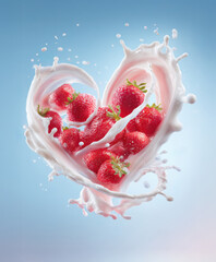 Juicy strawberries and milk splashes swirl mid-air into a heart shape. Clean pastel background, soft lighting, romantic, fresh, polished perfect for fruit or dairy advertising.