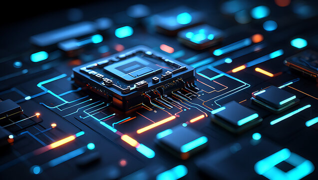Futuristic 3D Technology Circuit with Glowing Microchips and Data Lines
