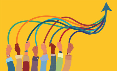 Diverse hands pulling together colorful arrows forming an upward arrow symbolizing unity and growth