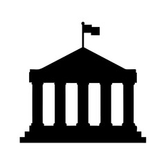 Silhouette of a classical building with pillars and a flag on top at sunset, symbolizing strength and tradition in architecture