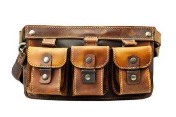 Rustic Brown Leather Utility Belt Bag with Three Pouches Vintage Style Fanny Pack Artisan on transparent background