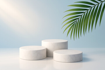 Minimalist Marble Podium Display with Tropical Leaf and Sunlight Background