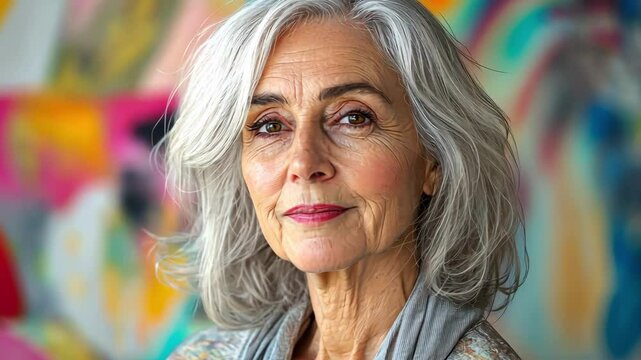 Elegant senior woman with gray hair smiles in front of colorful abstract painting. Portrait of beautiful mature lady with style, grace, and confidence.