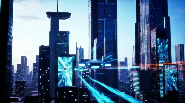 Futuristic Flying Car in Sci-Fi City Skyline &ndash; High-Speed Aerial Vehicle Soaring Through Neon Skyscrapers