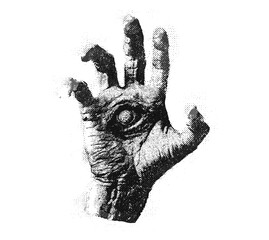 Vintage stippling photocopy Halloween hand collage, creepy surreal psychedelic poster with grunge dotted texture, experimental horror art, vector illustration, eerie theme, abstract spooky graphic.