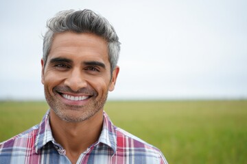 middle aged man with salt and pepper hair smiling outdoors in a grassy field under overcast sky