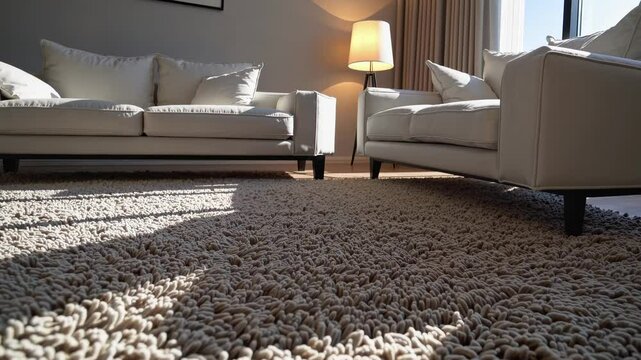 Low-angle video shot of a modern living room with cozy sofas, a textured rug, and soft lighting from a floor lamp, creating a warm, inviting atmosphere.