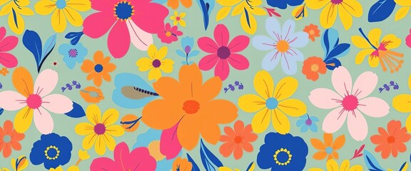Vibrant abstract floral seamless pattern in pink, yellow, blue, & orange Ideal for backgrounds and textiles, fashion, flowers