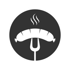 Grilled sausage on barbecue fork icon. Hot sausage on BBQ fork isolated sign on white background. Vector illustration