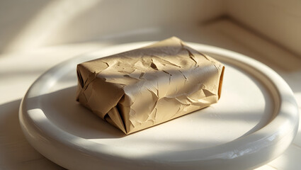 Unbranded Organic Soap Bar with Kraft Packaging – Spa Style Mockup on Ceramic Surface