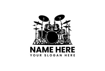 Complete professional drum kit vector logo with bass drum, toms and cymbals in percussive arrangement