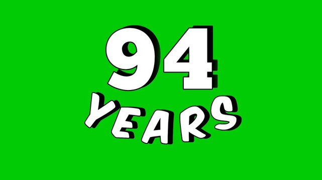 Animated footage of the number " 94 years" with a green screen background. The number is presented in a modern and dynamic style, perfect for editing birthday videos, anniversaries video element