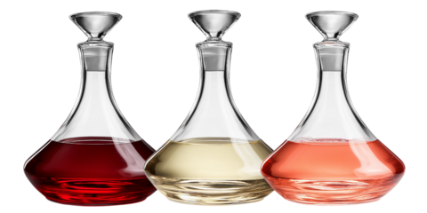Three elegant decanters filled with different colored liquids isolated on white background