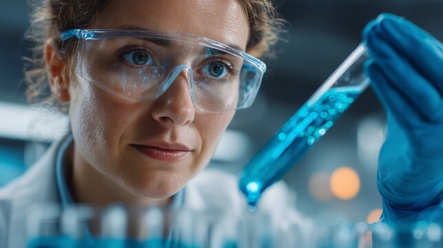 Focused female scientist wearing safety goggles and gloves holding a test tube with blue liquid. Laboratory environment with professional lighting.