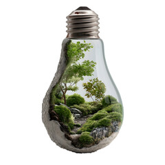 Eco-friendly light bulb showcasing greenery inside, symbolizes sustainability and innovation, perfect for environmental themes. Isolated on white background or PNG