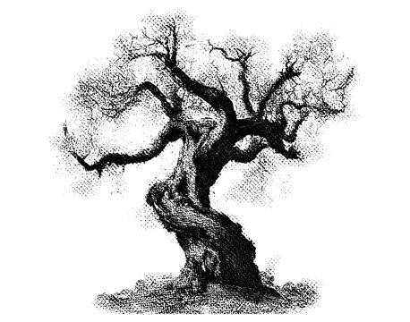 Retro creepy tree collage, grunge dotted texture, stippling vintage effect, vector illustration for Halloween surreal artwork, spooky landscape, horror theme, haunted forest, cutout.