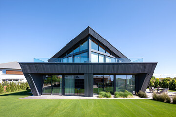Modern house with triangular roof and large glass windows on a sunny day