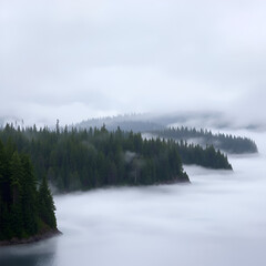 Fototapeta premium Mist landscape of island with pine and cedar trees forest along Inside Passage cruise between Prince Rupert and Port Hardy, Vancouver Island, British Columbia, Canada.