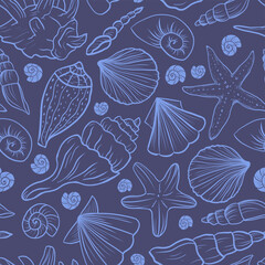 Vector seamless pattern with hand-drawn seashells and starfish in elegant lineart style on deep blue background for packaging, textiles, marine branding, classic summer decor, etc.