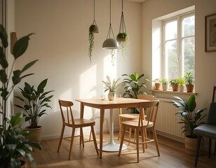 Fototapeta premium Minimalist dining setup with a light wood table and four simple chairs, surrounded by hanging plants, ceramic pots, and warm natural lighting from a nearby window.
