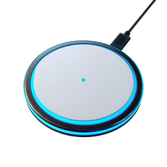 Wireless charging pad, sleek circular design with blue LED light, ideal for modern tech setups and minimalist aesthetics. Isolated on white background or PNG