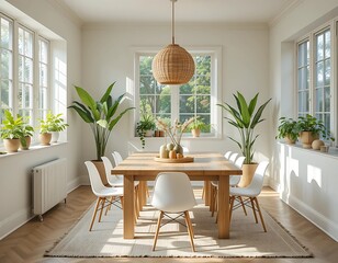 Sunlit dining room with a rectangular oak table, minimalist white chairs, woven plant baskets, and soft greenery adorning windowsills and corners.