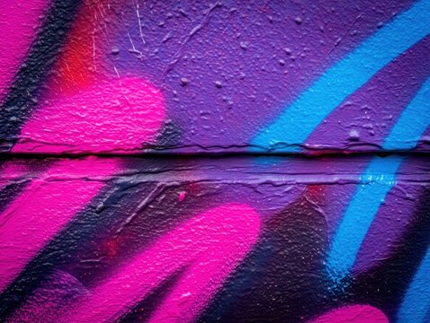 Close-up of colorful graffiti on textured wall with vivid pink, purple, blue, and black spray paint lines creating abstract shapes and energetic contrast