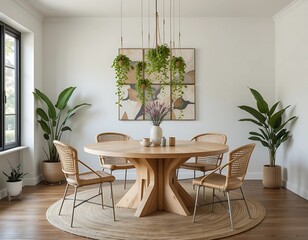Modern boho dining room featuring a circular light wood table, woven chairs, trailing plants hanging from ceiling hooks.