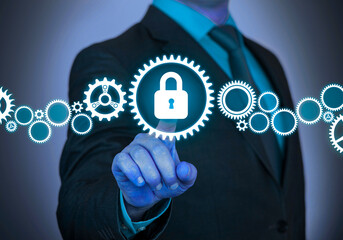 Information security blockchain. Abstract digital concept of technology blockchain business. Business hand pushing with icon networking connection digital background.