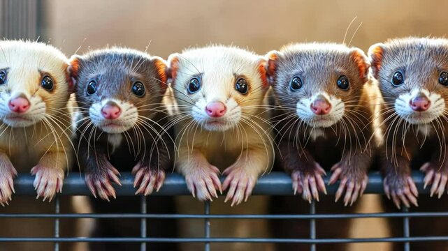Five adorable ferrets peeking over the fence, animal pets looking forward, cute faces.