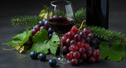Fototapeta premium Autumn harvest inspired image of a full red wine glass, luscious grapes, and a dark wine bottle. 