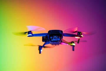 Black quadcopter drone with camera hovering against a gradient background with vibrant yellow, pink, purple, and orange lighting