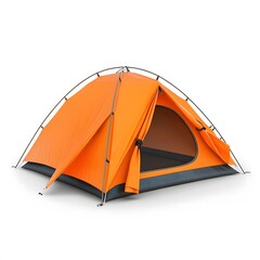 An isolated view of a vibrant orange camping tent with an open door on a plain white background studio shot